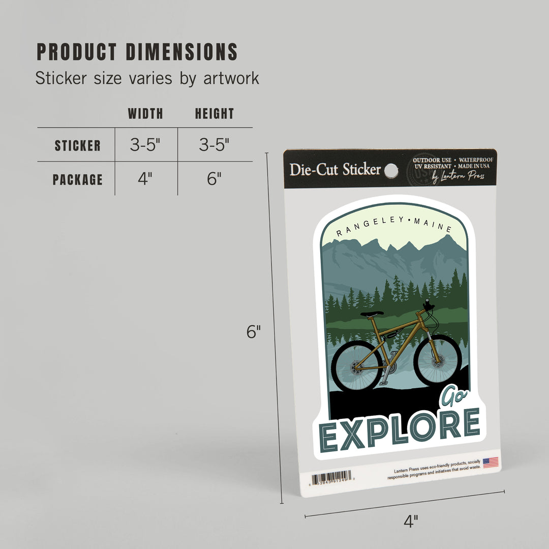 Rangeley, Maine, Go Explore, Bike, Contour, Lantern Press Artwork, Vinyl Sticker