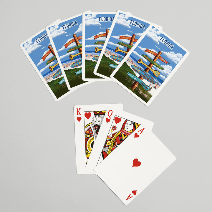 Playing Cards, Florida, Signpost, Coast Beach with Umbrellas, 52 Card Deck with Jokers in Box, Unique Art