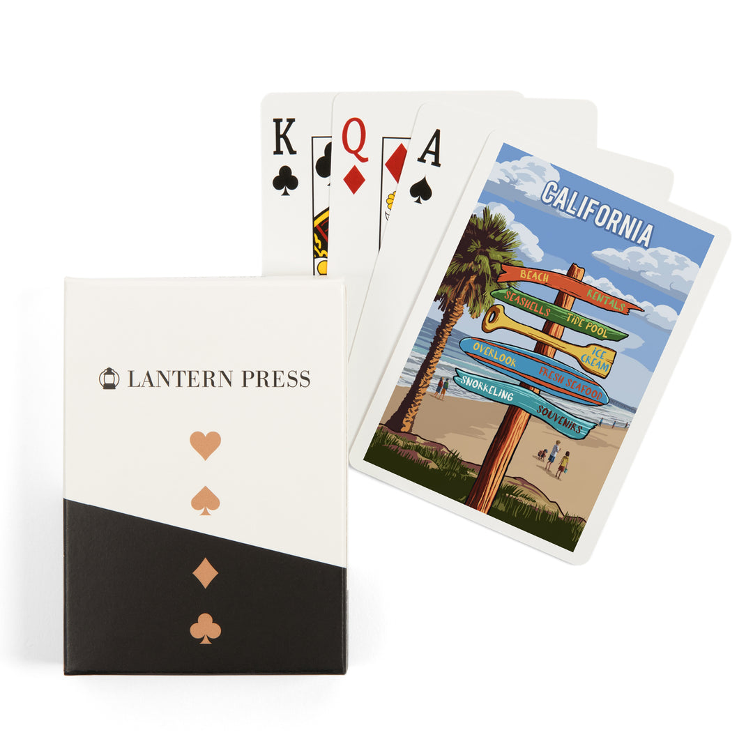 Playing Cards, California, Signpost, Coast Beach with Palms, 52 Card Deck with Jokers in Box, Unique Art