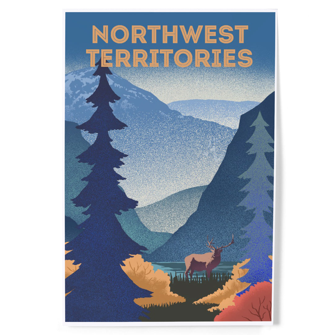 Northwest Territories, Lithograph, Elk and Mountains Scene, Art & Giclee Prints