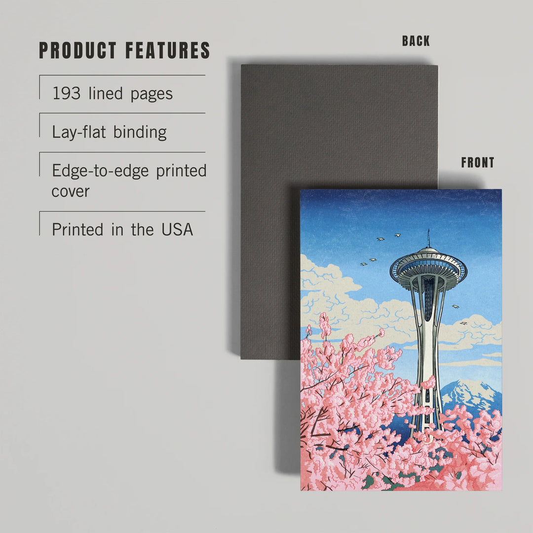 Lined 6x9 Journal, Seattle, Washington, Space Needle, Cherry Blossoms Woodblock, Lay Flat, 193 Pages, FSC paper