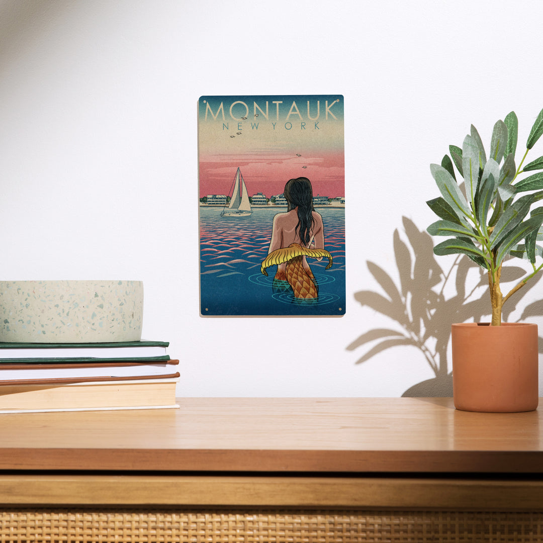Montauk, New York, Mermaid & Beach, Woodblock Print, Lantern Press Artwork, Wood Signs and Postcards