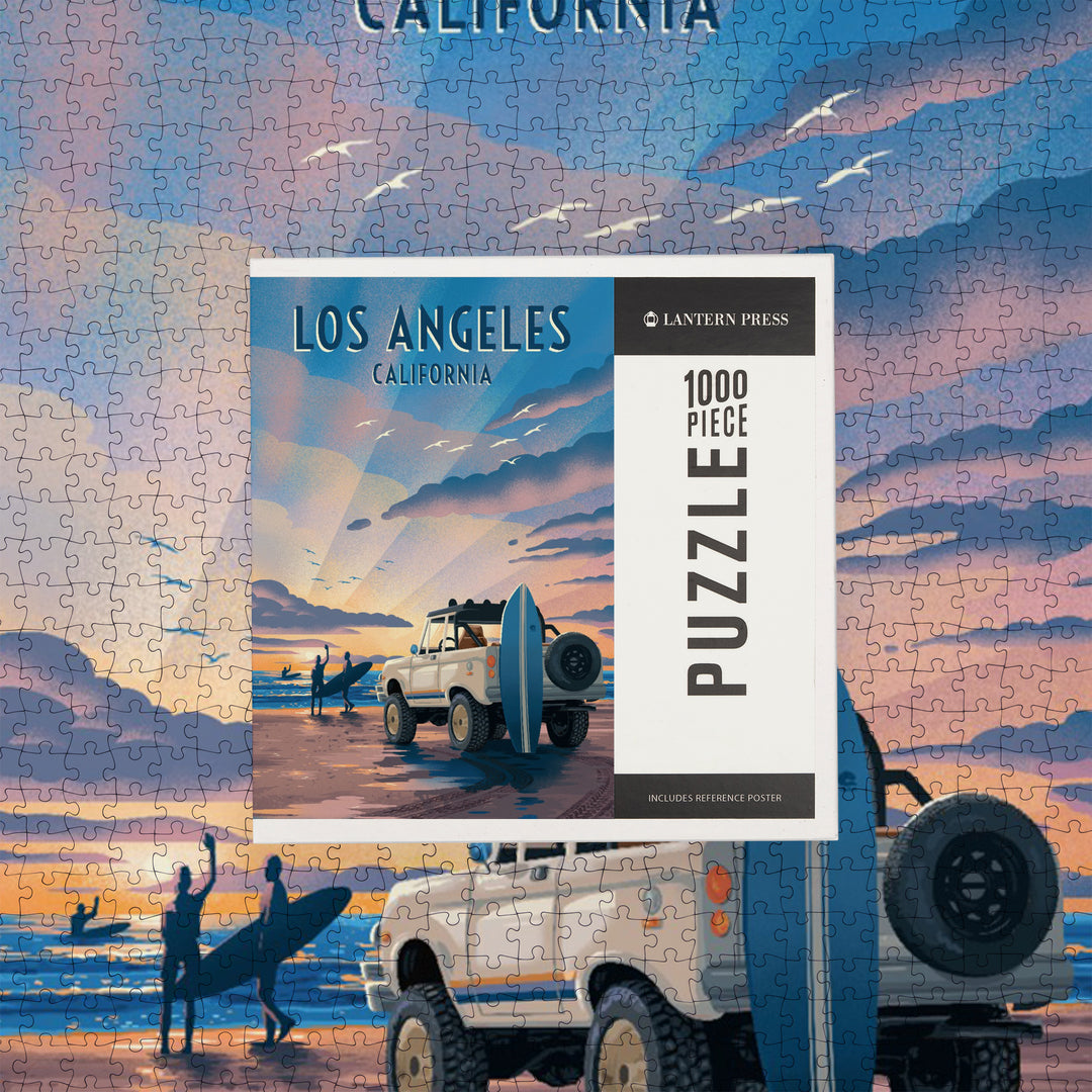 Los Angeles, California, Lithograph, Surfers on Beach, 1000 Piece Jigsaw Puzzle
