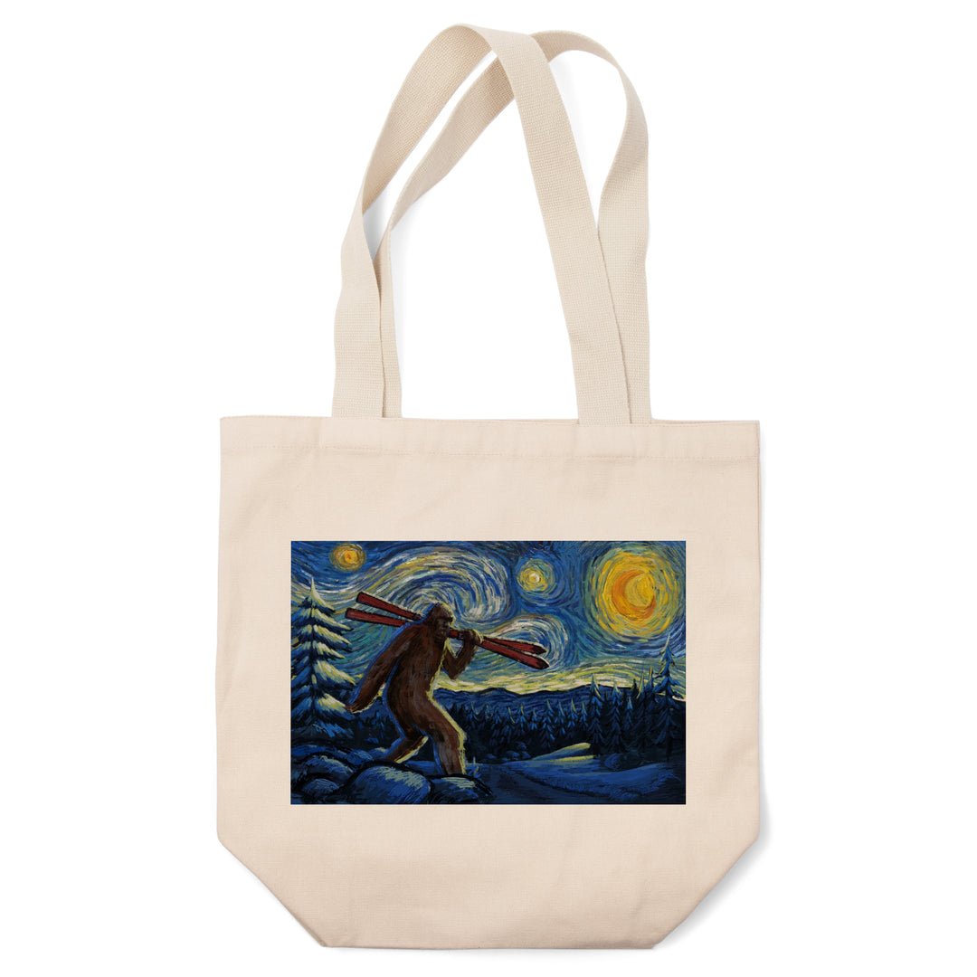 Starry Night, Winter Bigfoot with Skis, Tote Bag