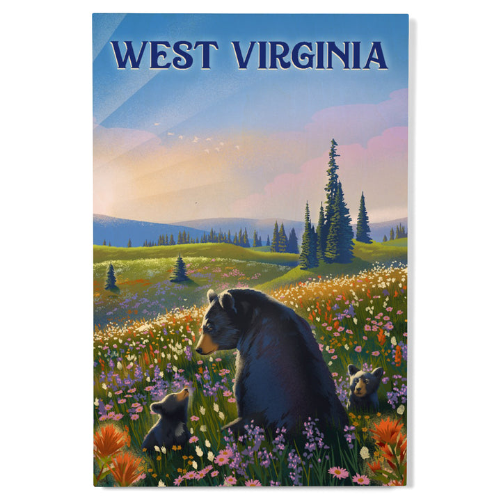 West Virginia, Lithograph, Bear Family in Field, Wood Signs and Postcards
