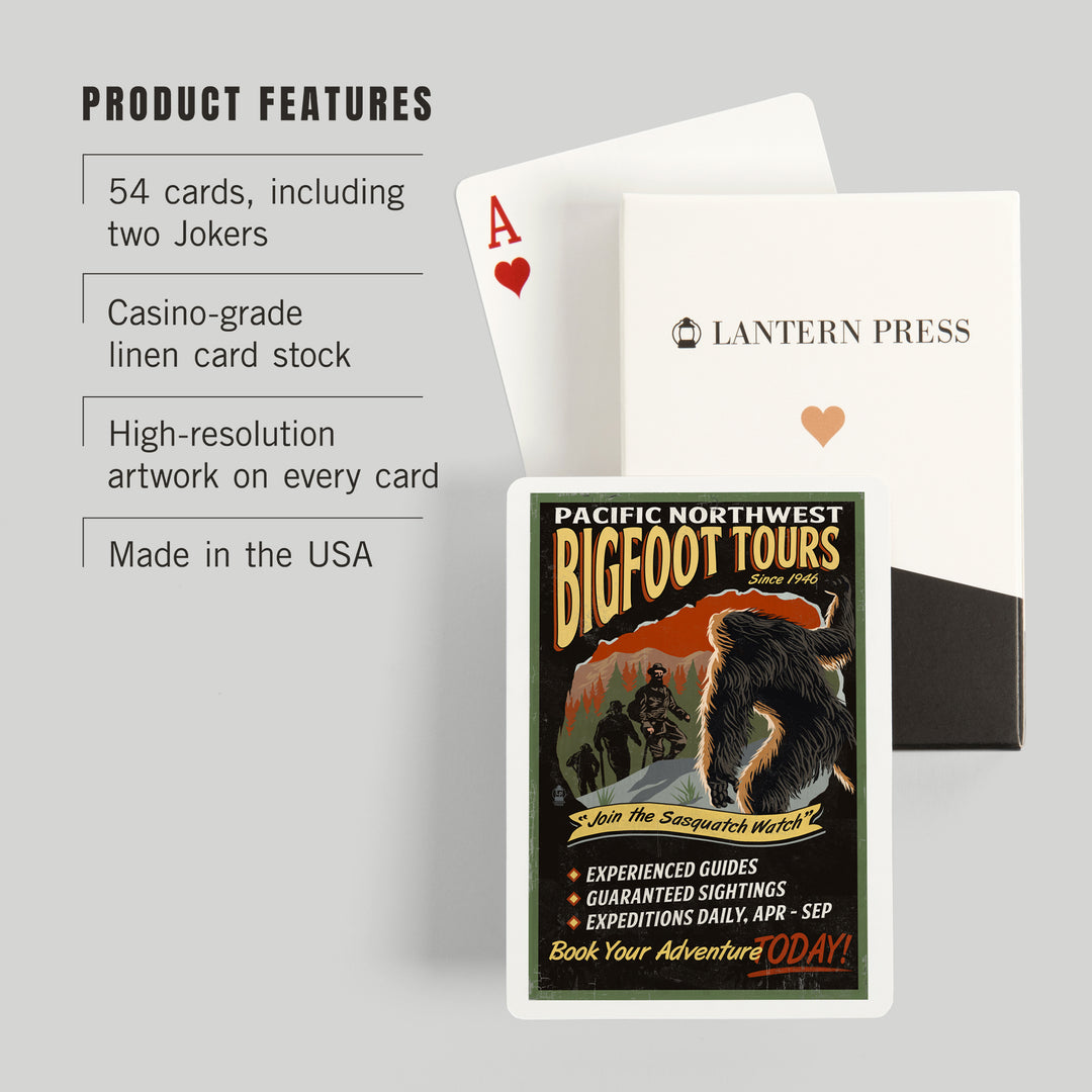 Playing Cards, Pacific Northwest, Bigfoot Tours, Vintage Sign, 52 Card Deck with Jokers in Box, Unique Art