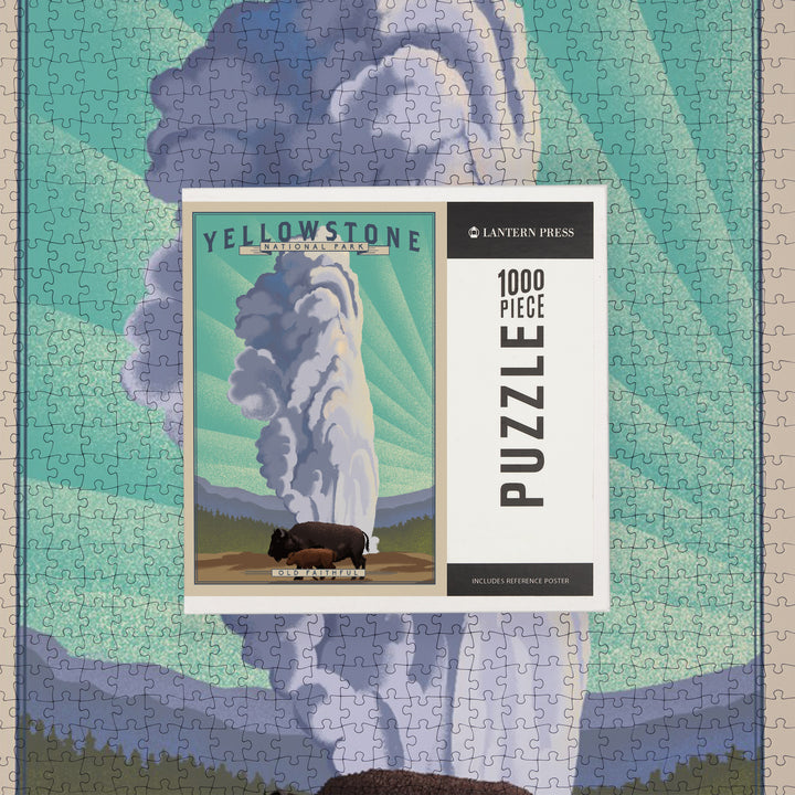 Yellowstone National Park, Wyoming, Old Faithful and Bison, Lithograph National Park Series, Jigsaw Puzzle