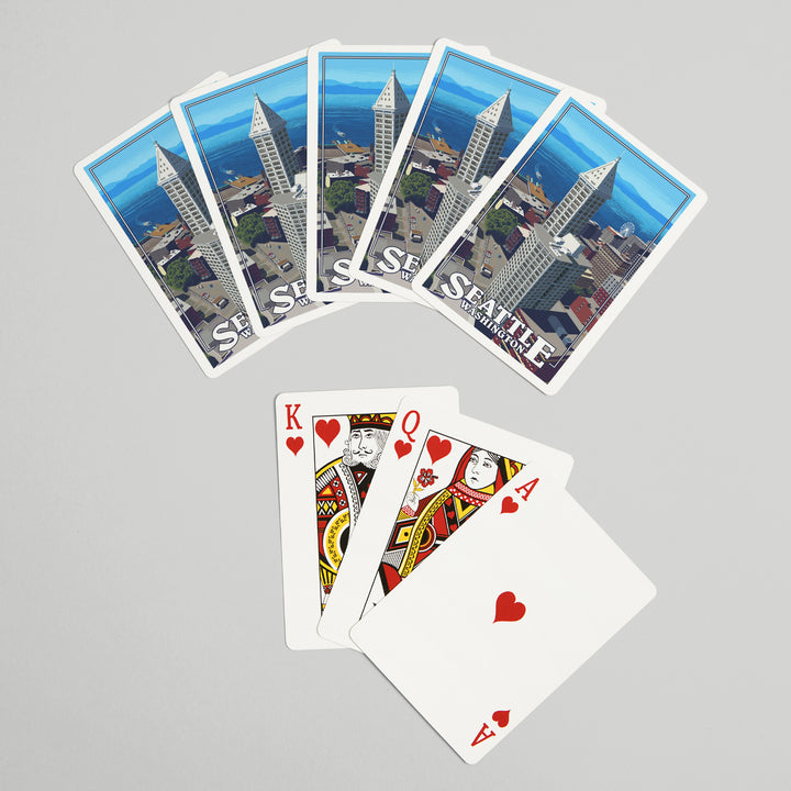 Playing Cards, Seattle, Washington, Smith Tower and Elliott Bay, 52 Card Deck with Jokers in Box, Unique Art