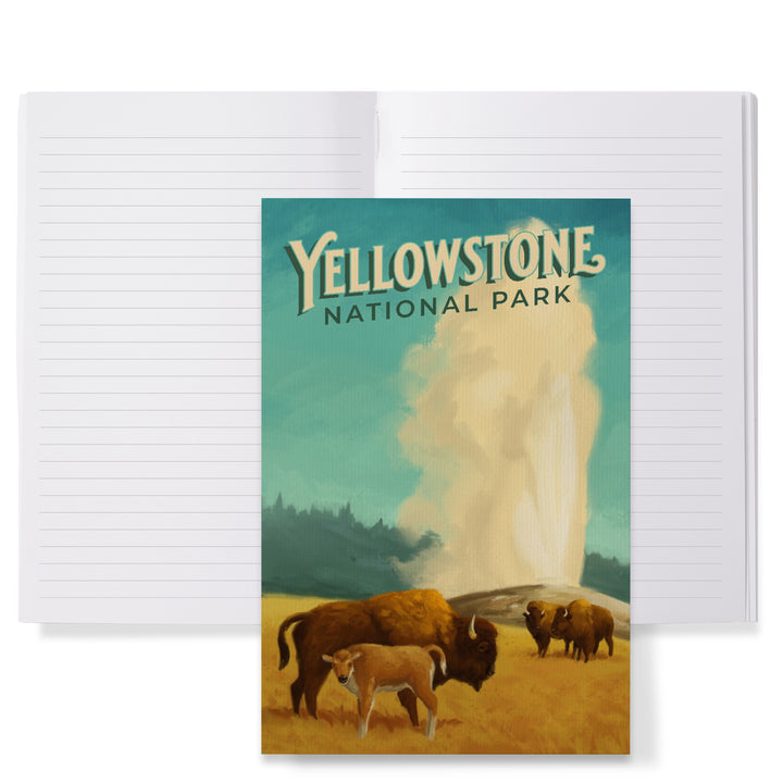 Lined 6x9 Journal, Yellowstone National Park, Old Faithful and Bison, Oil Painting, Lay Flat, 193 Pages, FSC paper