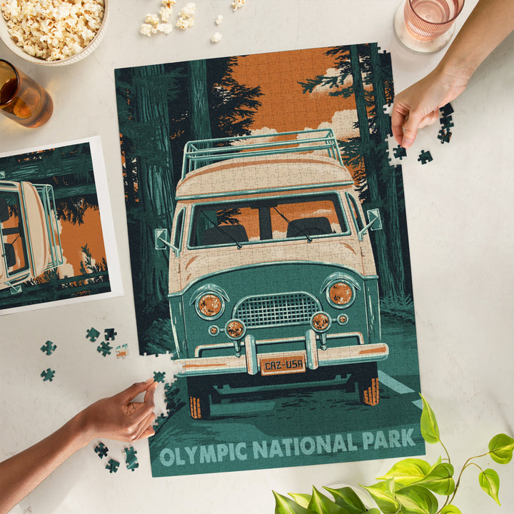 Olympic National Park, Letterpress, Camper Van, Jigsaw Puzzle