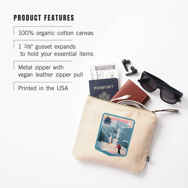 Gondolas and Ski Hill, Lithograph, Organic Cotton Zipper Pouch, Go Bag