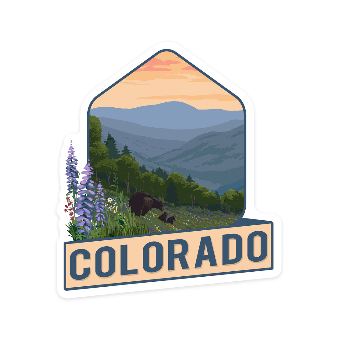 Colorado, Bear and Spring Flowers, Contour, Lantern Press Artwork, Vinyl Sticker
