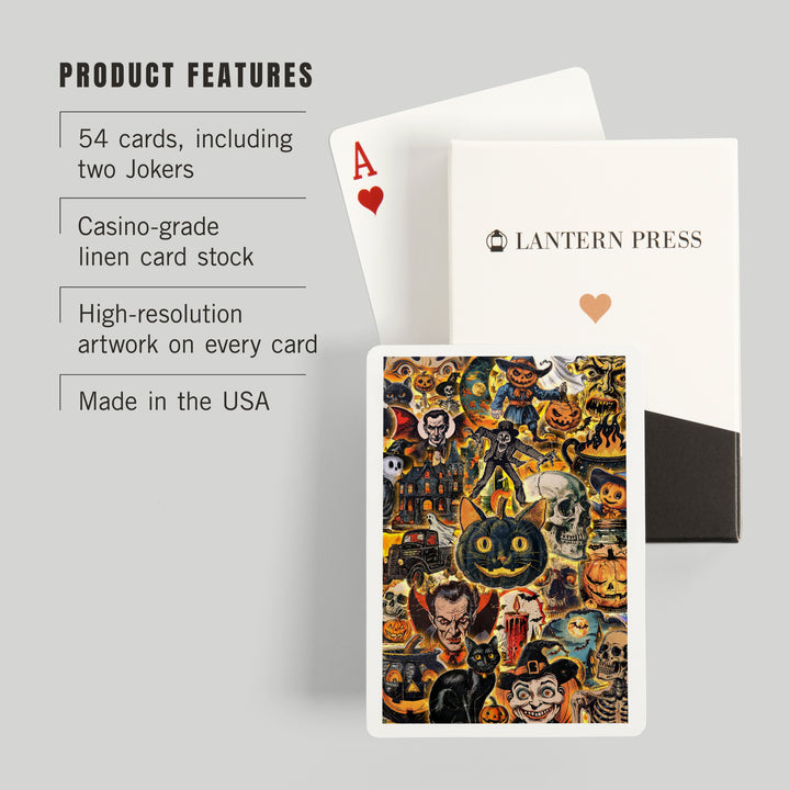 Playing Cards, Vintage Halloween Collage, 52 Card Deck with Jokers in Box, Unique Art