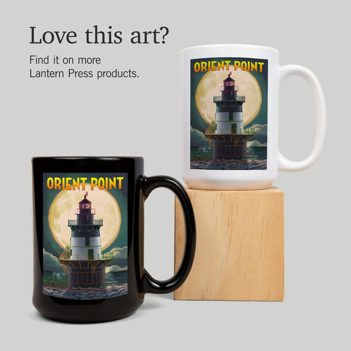 Orient Point, New York, Lighthouse & Full Moon, Lantern Press Artwork, Ceramic Mug