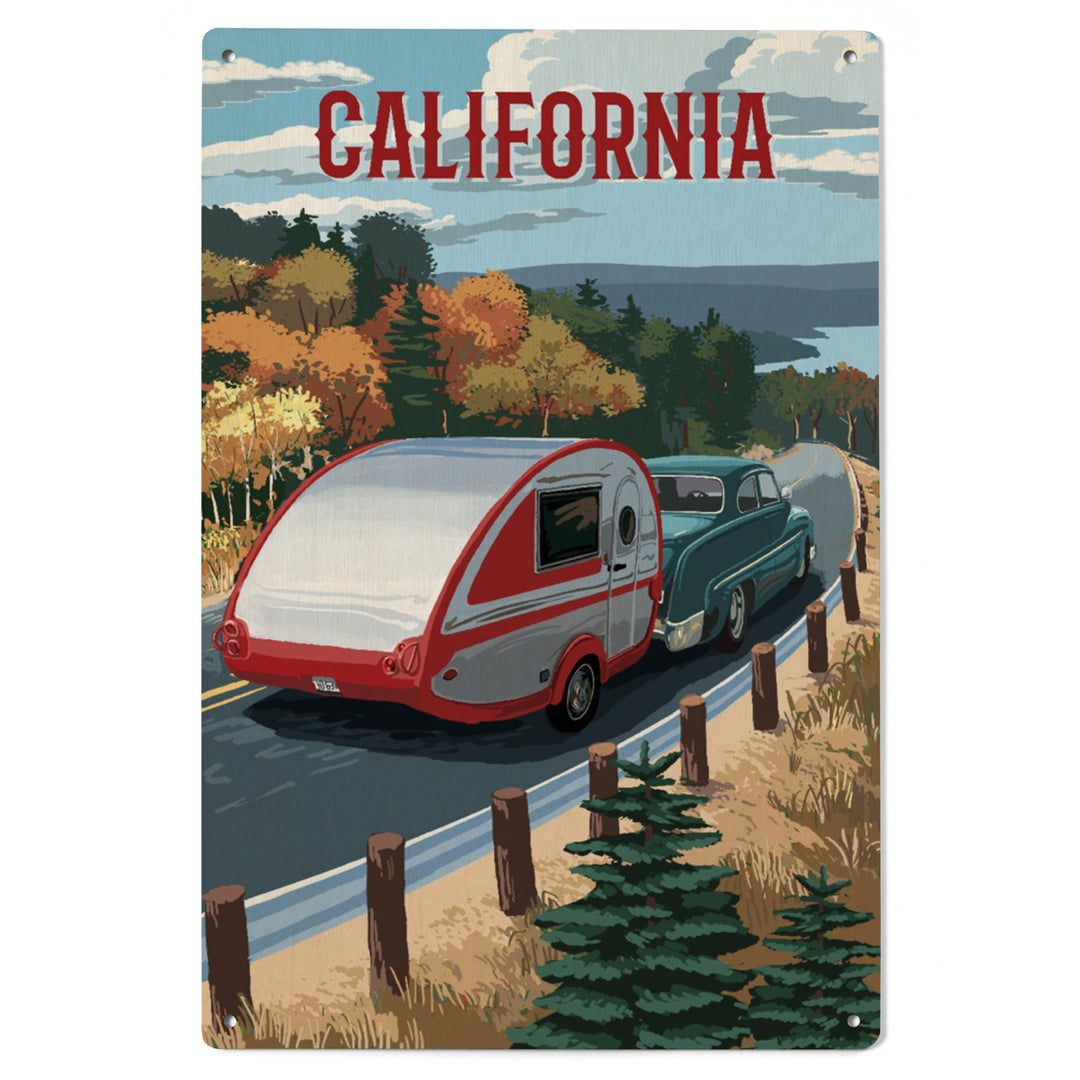 California, Painterly, Retro Camper on Road, Wood Signs and Postcards