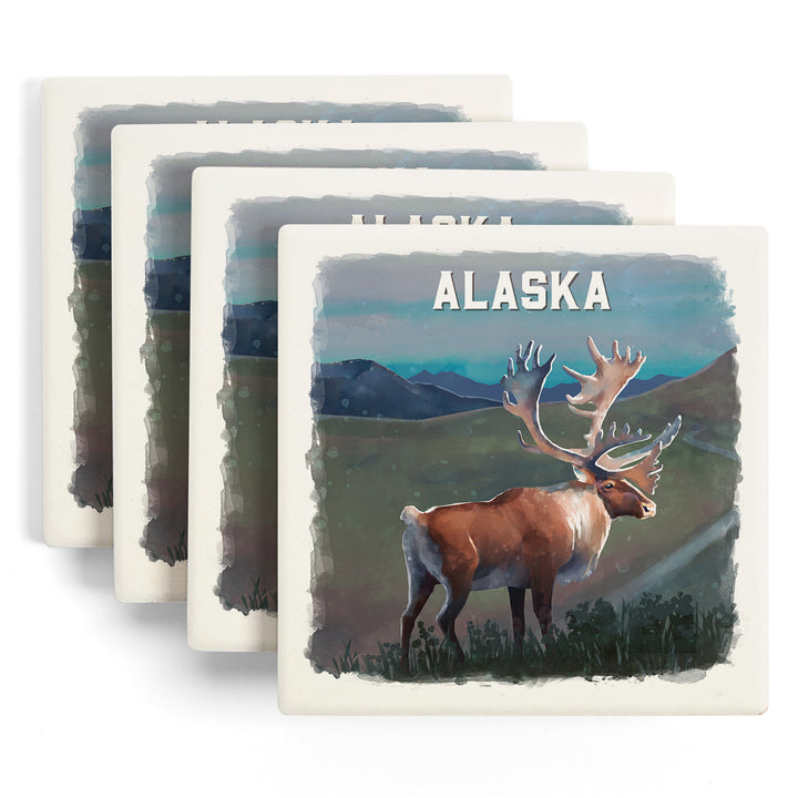 Alaska, Watercolor Study, Caribou, Coaster Set