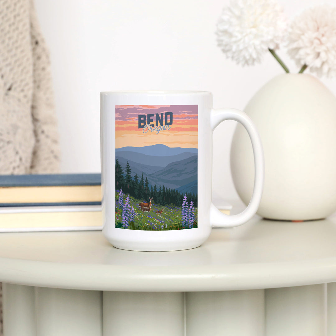 Bend, Oregon, Deer & Spring Flowers, Lantern Press Artwork, Ceramic Mug