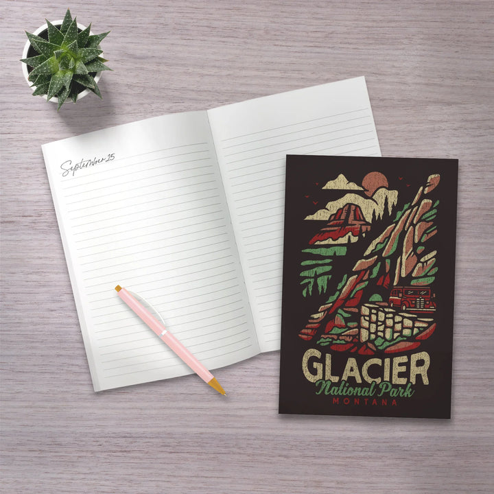 Lined 6x9 Journal, Glacier National Park, Montana, Distressed Vector, Lay Flat, 193 Pages, FSC paper