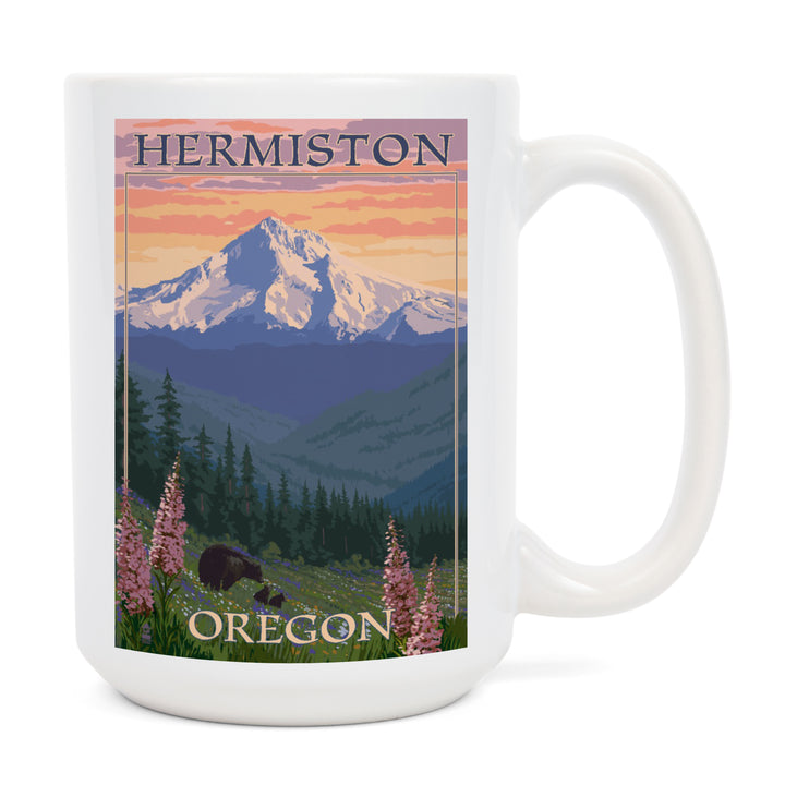 Hermiston, Oregon, Bear Family & Spring Flowers, Lantern Press Artwork, Ceramic Mug