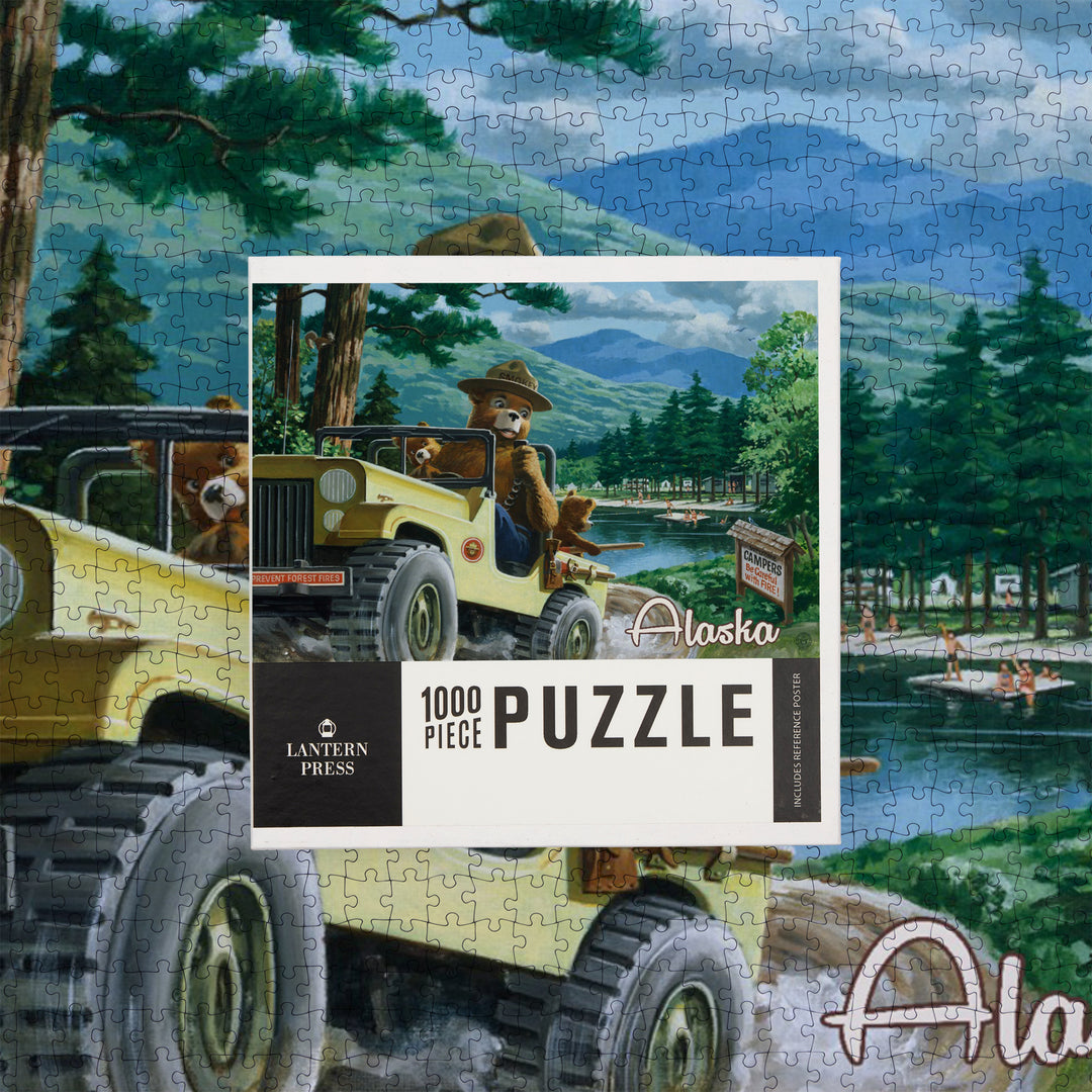 Alaska, Vintage Poster, Smokey Bear, Leaving in SUV, Jigsaw Puzzle