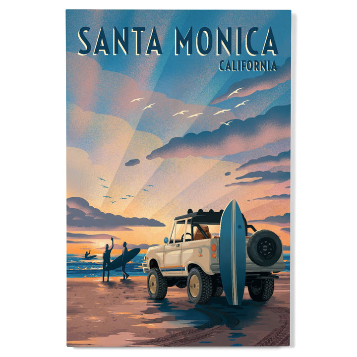 Santa Monica, California, Lithograph, Wake Up! Surf's Up!, Surfers on Beach, Wood Signs and Postcards