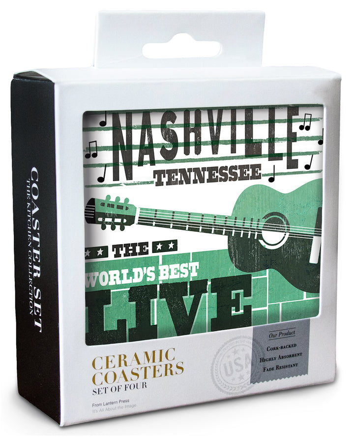 Nashville, Tennessee, Horizontal Guitar, Teal Screenprint, Coaster Set