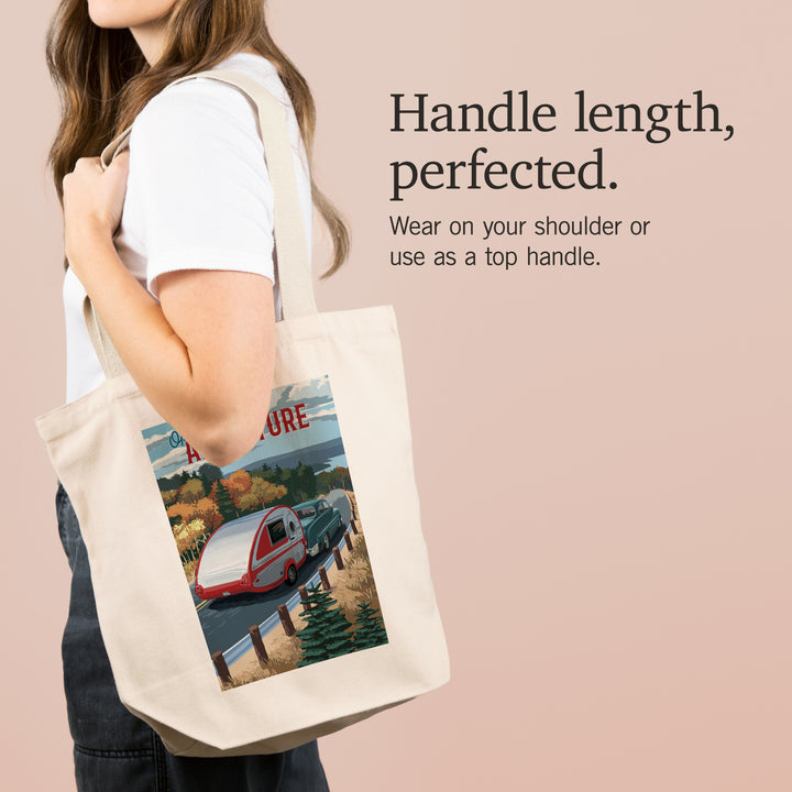 Open for Adventure, Retro Camper on Road, Painterly, Tote Bag