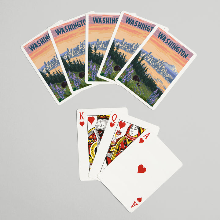Playing Cards, Seattle, Washington, Bear and Spring Flowers, 52 Card Deck with Jokers in Box, Unique Art