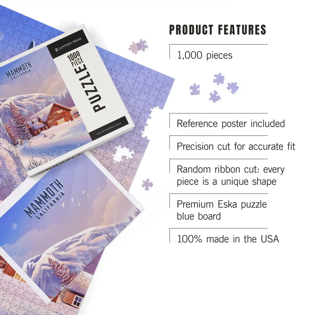 Mammoth, California, Lithograph, Mountain Lodge, Winter Scene, Jigsaw Puzzle