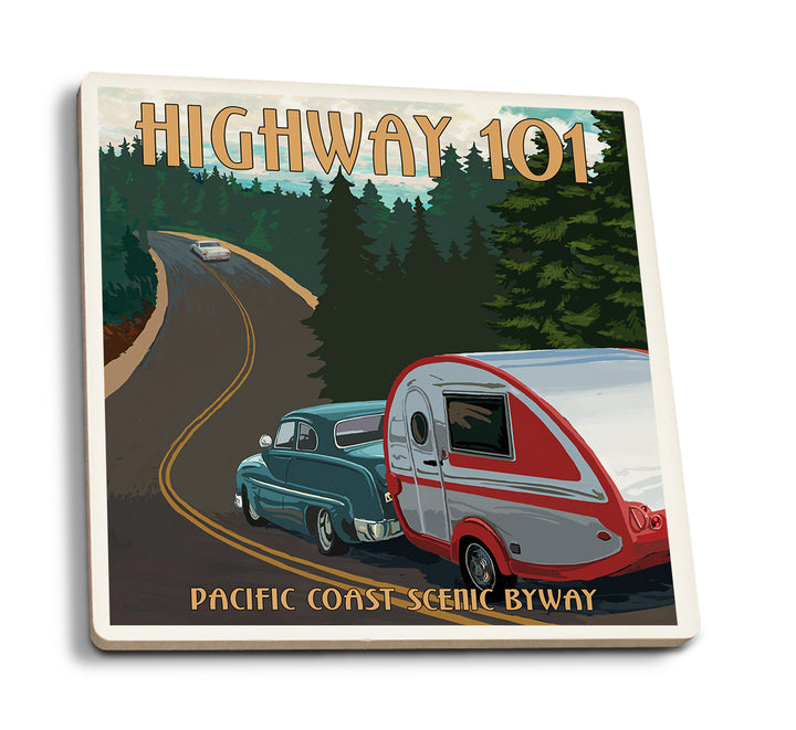 Highway 101, Pacific Coast Scenic Byway, Retro Camper, Coaster Set