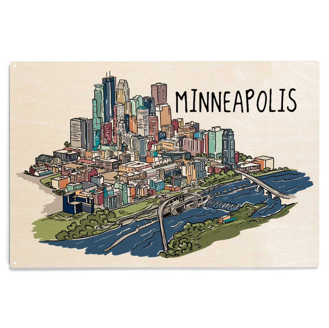 Minneapolis, Minnesota, Cityscape, Line Drawing, Wood Sign and Postcards