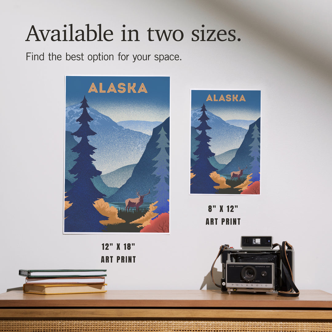Alaska, Lithograph, Elk and Mountains Scene, Art & Giclee Prints