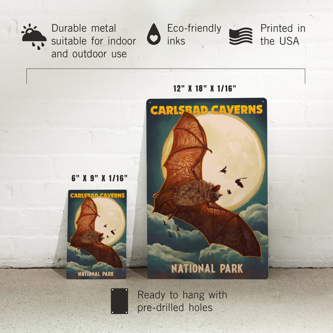 Carlsbad Caverns National Park, Bats and Full Moon, Metal Signs - Lantern Press