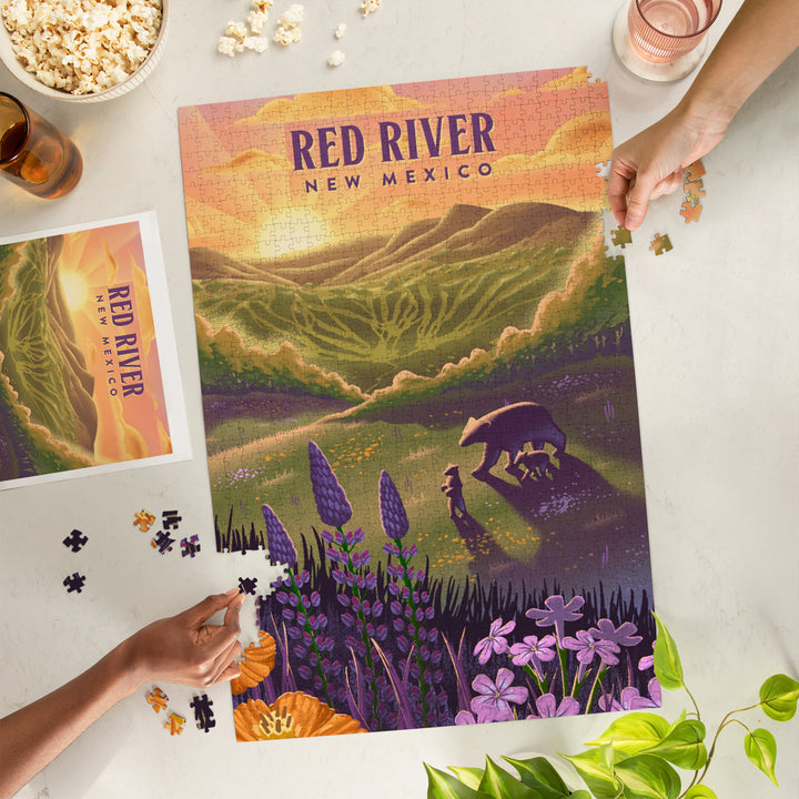 Red River, New Mexico, Lithograph, Bear and Spring Flowers, Ski Mountain, 1000 Piece Jigsaw Puzzle
