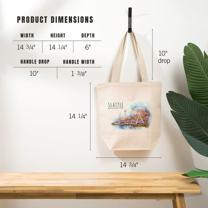 Seattle Skyline, Ferris Wheel, Watercolor, Tote Bag