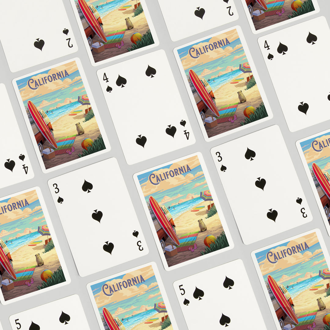 Playing Cards, California, Beach Activities, 52 Card Deck with Jokers in Box, Unique Art