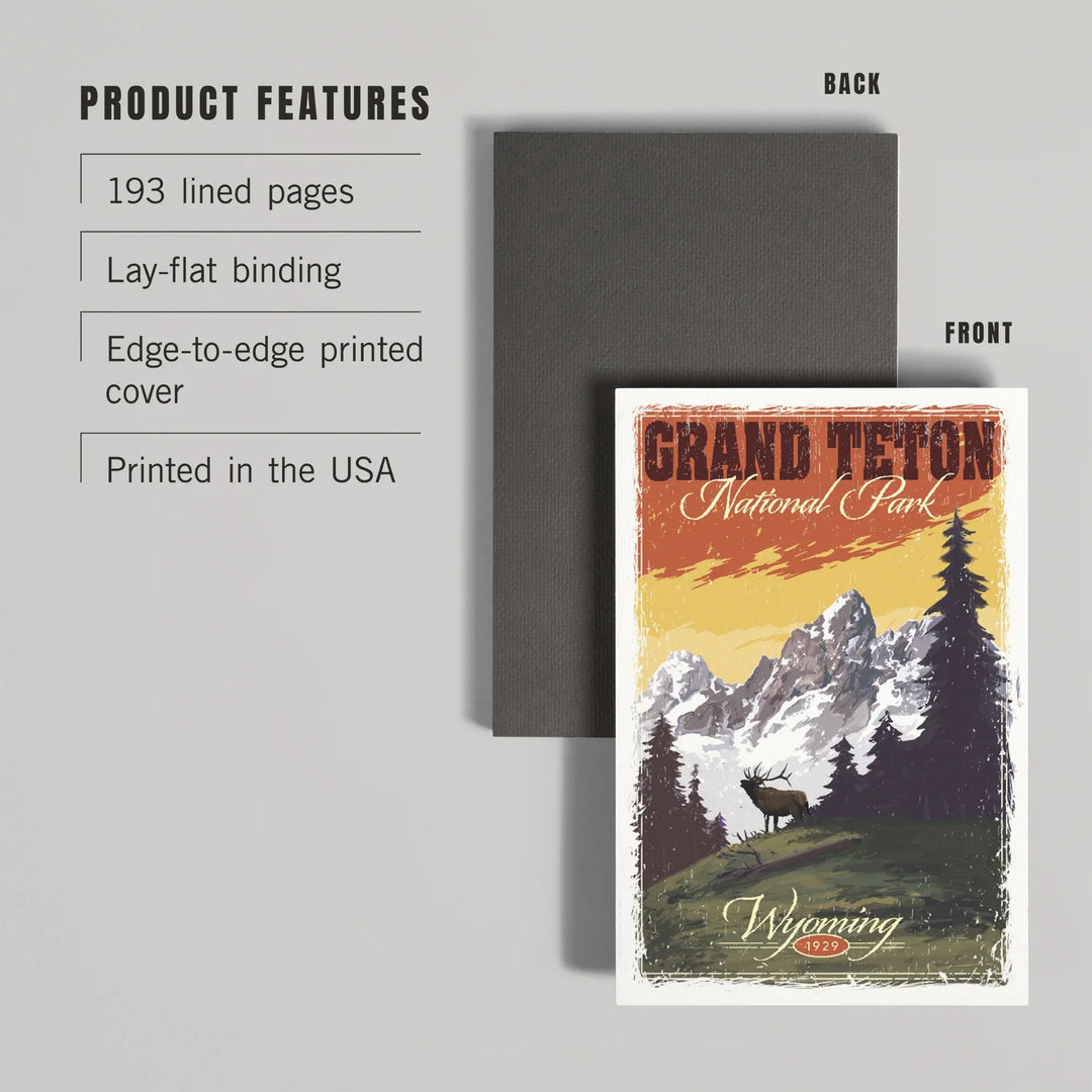 Lined 6x9 Journal, Grand Teton National Park, Wyoming, Mountain View and Elk, Distressed, Lay Flat, 193 Pages, FSC paper