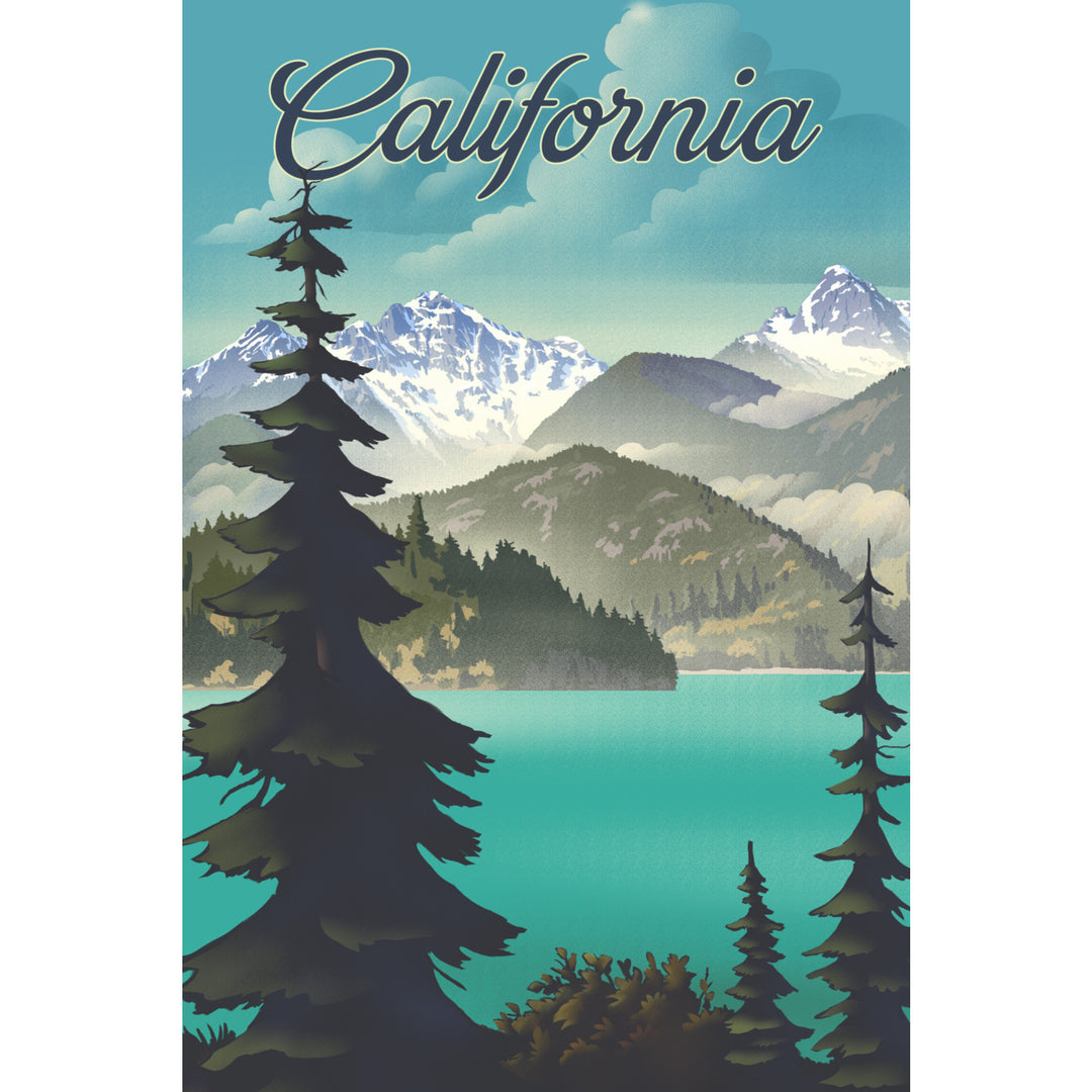 California, Lithograph, Lake and Mountains Scene, Stretched Canvas