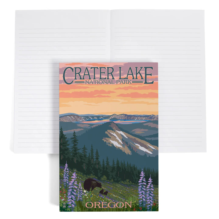 Lined 6x9 Journal, Crater Lake National Park, Oregon, Spring Flowers and Bear Family, Lay Flat, 193 Pages, FSC paper