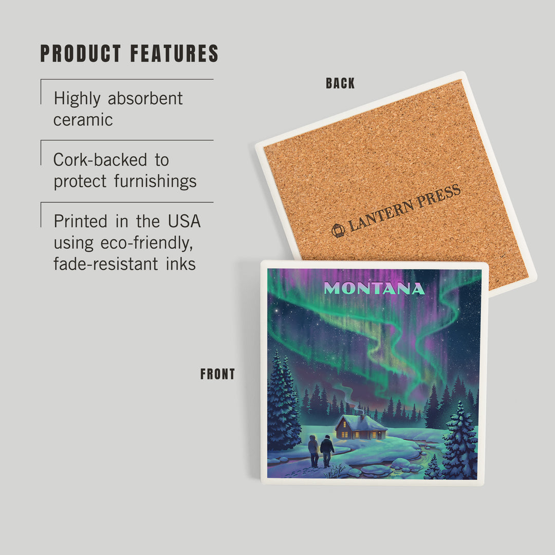 Montana, Litho, Northern Lights and Cabin, Coasters