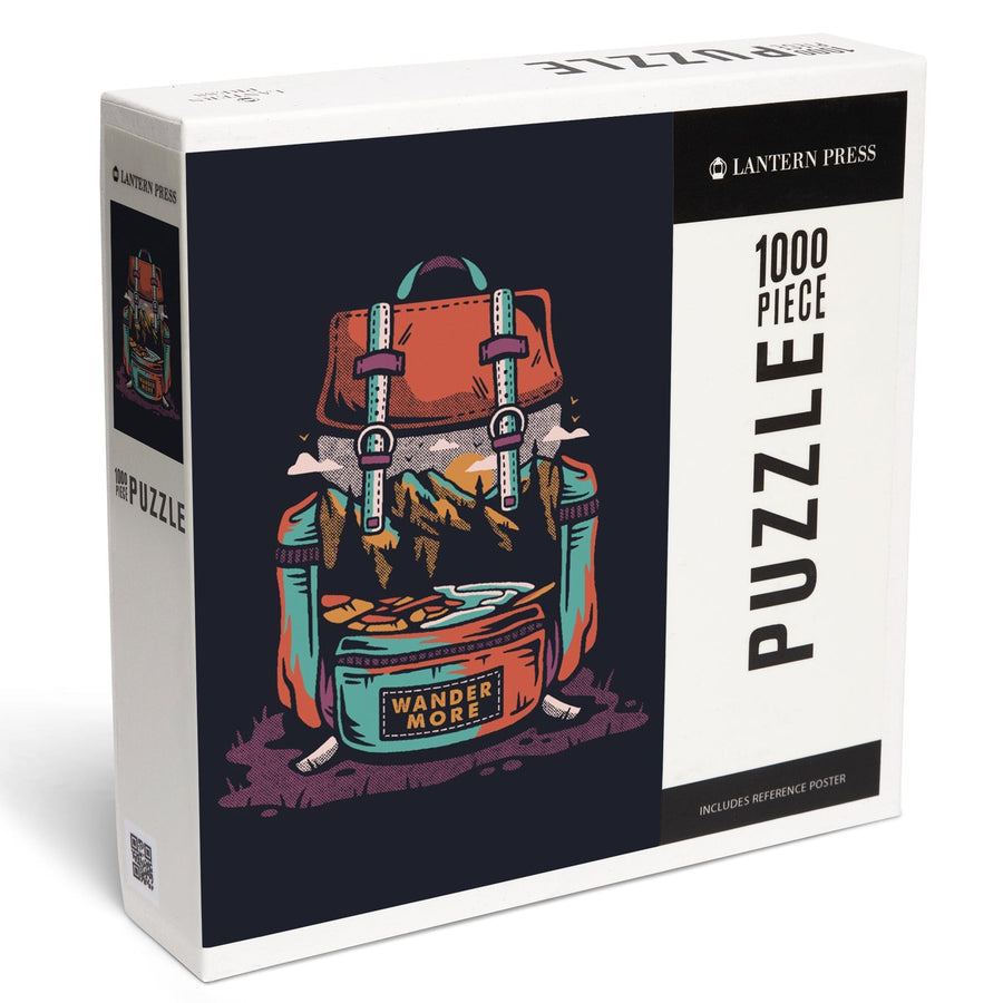Backpack, Wander More, Distressed Vector, Jigsaw Puzzle Puzzle Lantern Press 
