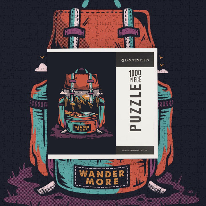 Backpack, Wander More, Distressed Vector, Jigsaw Puzzle Puzzle Lantern Press 