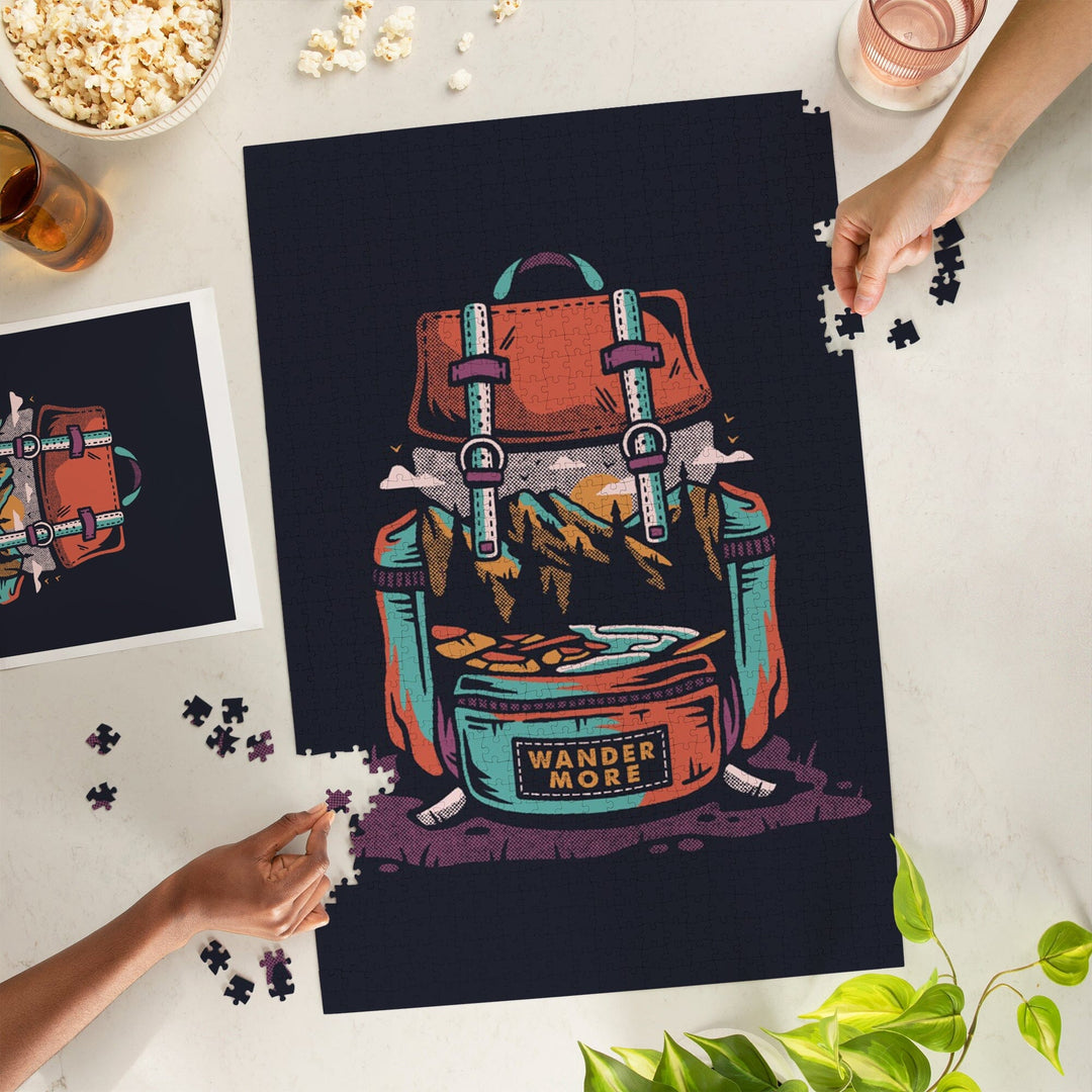 Backpack, Wander More, Distressed Vector, Jigsaw Puzzle Puzzle Lantern Press 
