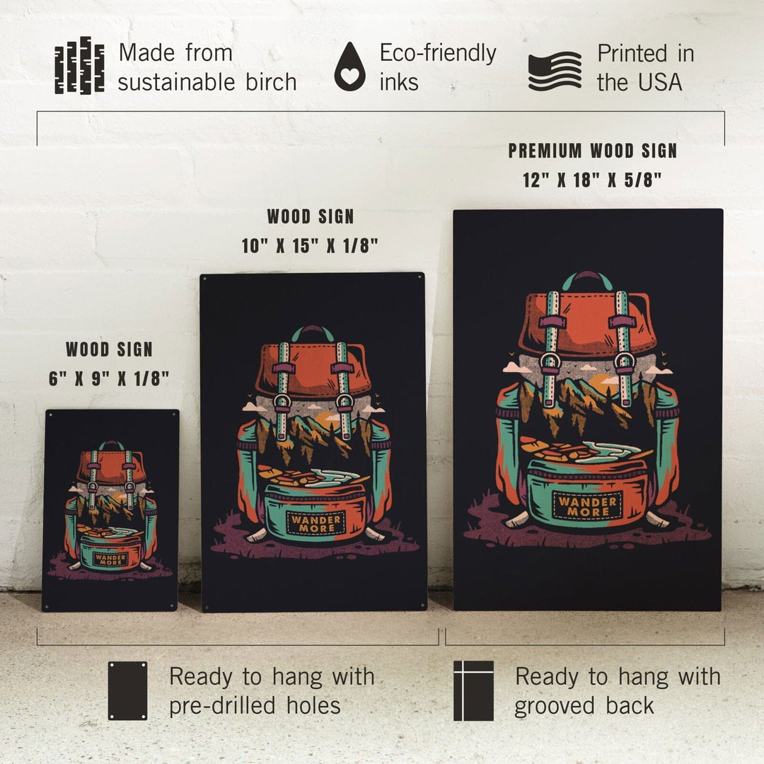 Backpack, Wander More, Distressed Vector, Lantern Press Artwork, Wood Signs and Postcards Wood Lantern Press 