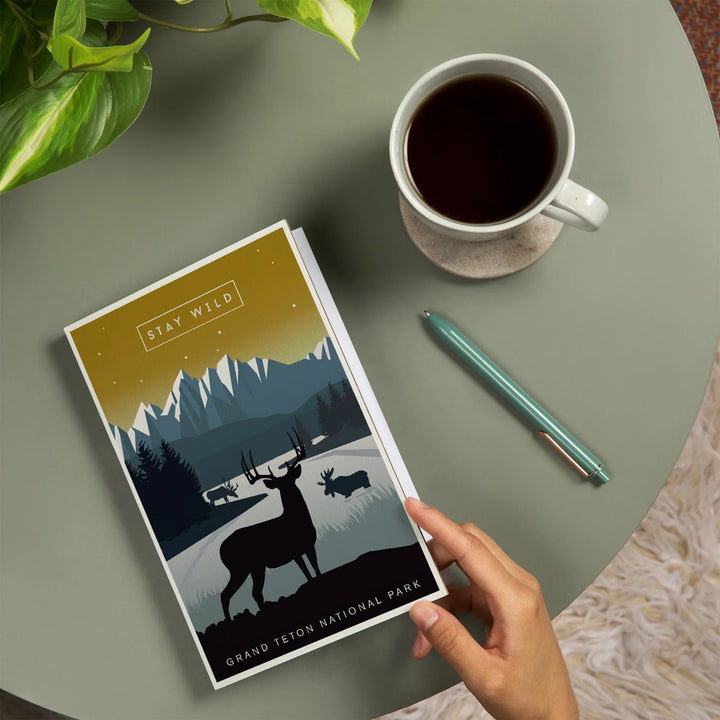 Lined 6x9 Journal, Grand Teton National Park, Wyoming, Animal Silhouettes, Yellow and Blue, Lay Flat, 193 Pages, FSC paper