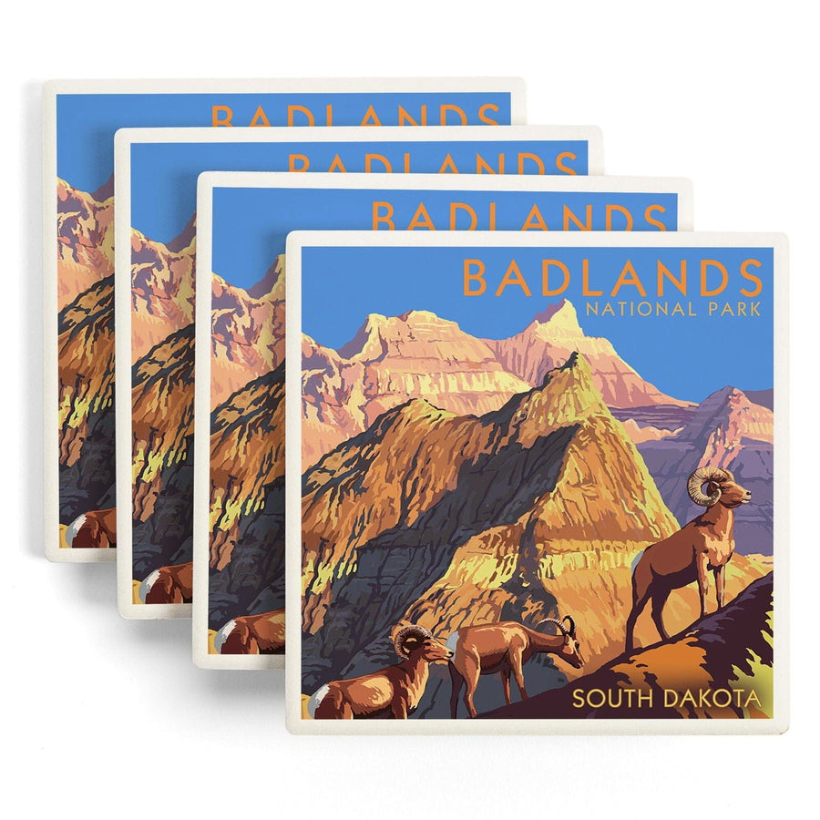 Badlands National Park, South Dakota, Bighorn Sheep, Lantern Press Artwork, Coaster Set Coasters Lantern Press 