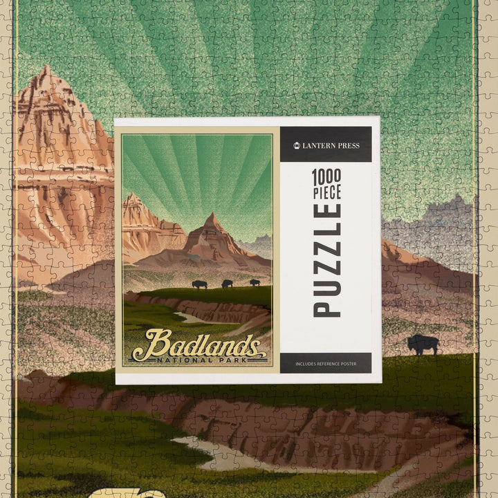 Badlands National Park, South Dakota, Bison in the Park, Lithograph National Park Series, Jigsaw Puzzle Puzzle Lantern Press 