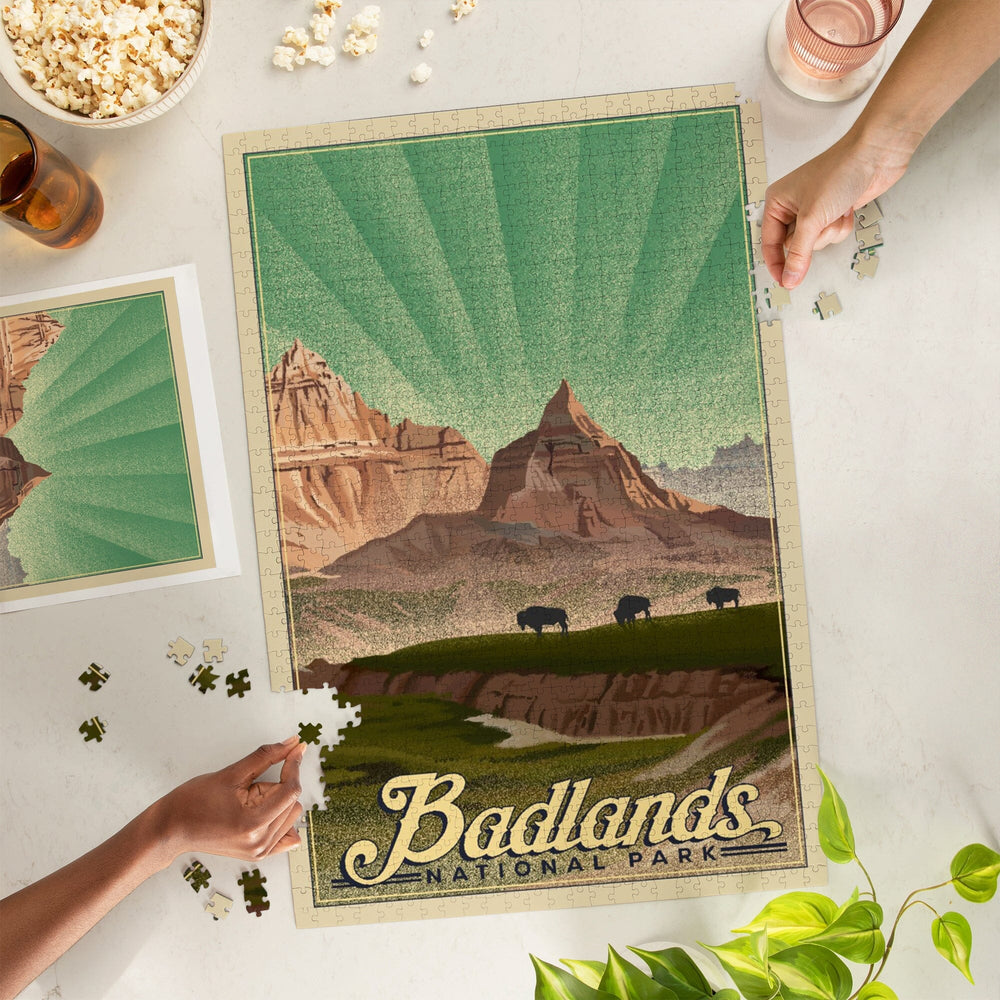 Badlands National Park, South Dakota, Bison in the Park, Lithograph National Park Series, Jigsaw Puzzle Puzzle Lantern Press 