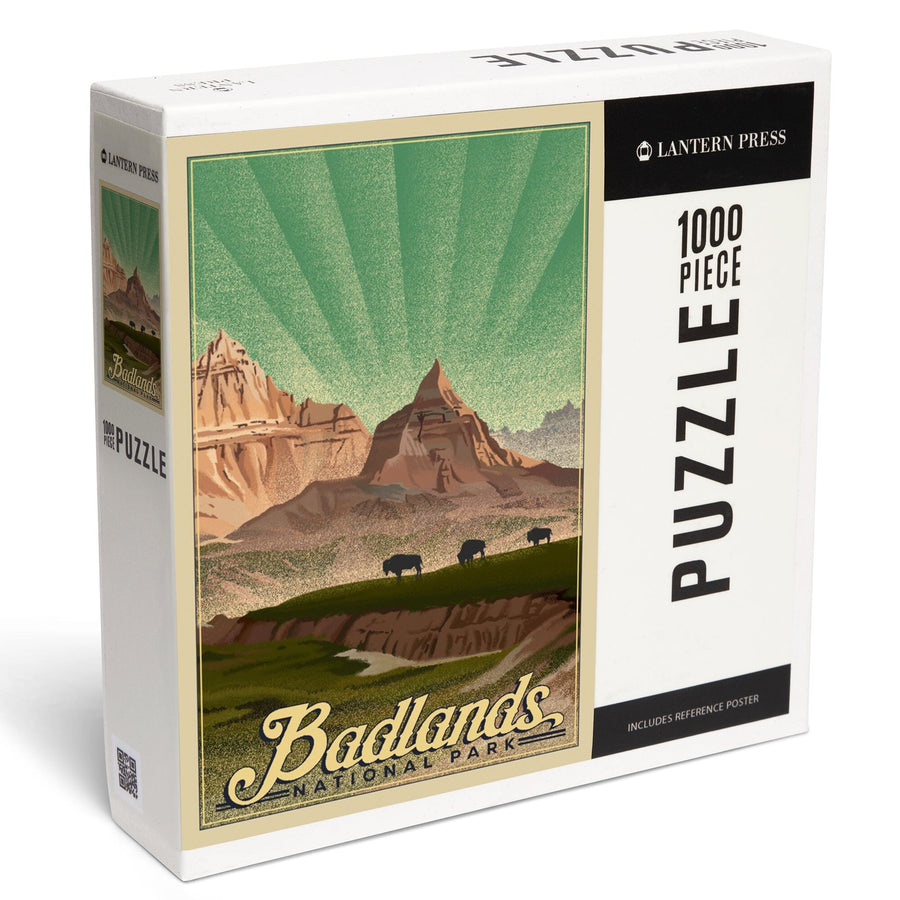 Badlands National Park, South Dakota, Bison in the Park, Lithograph National Park Series, Jigsaw Puzzle Puzzle Lantern Press 