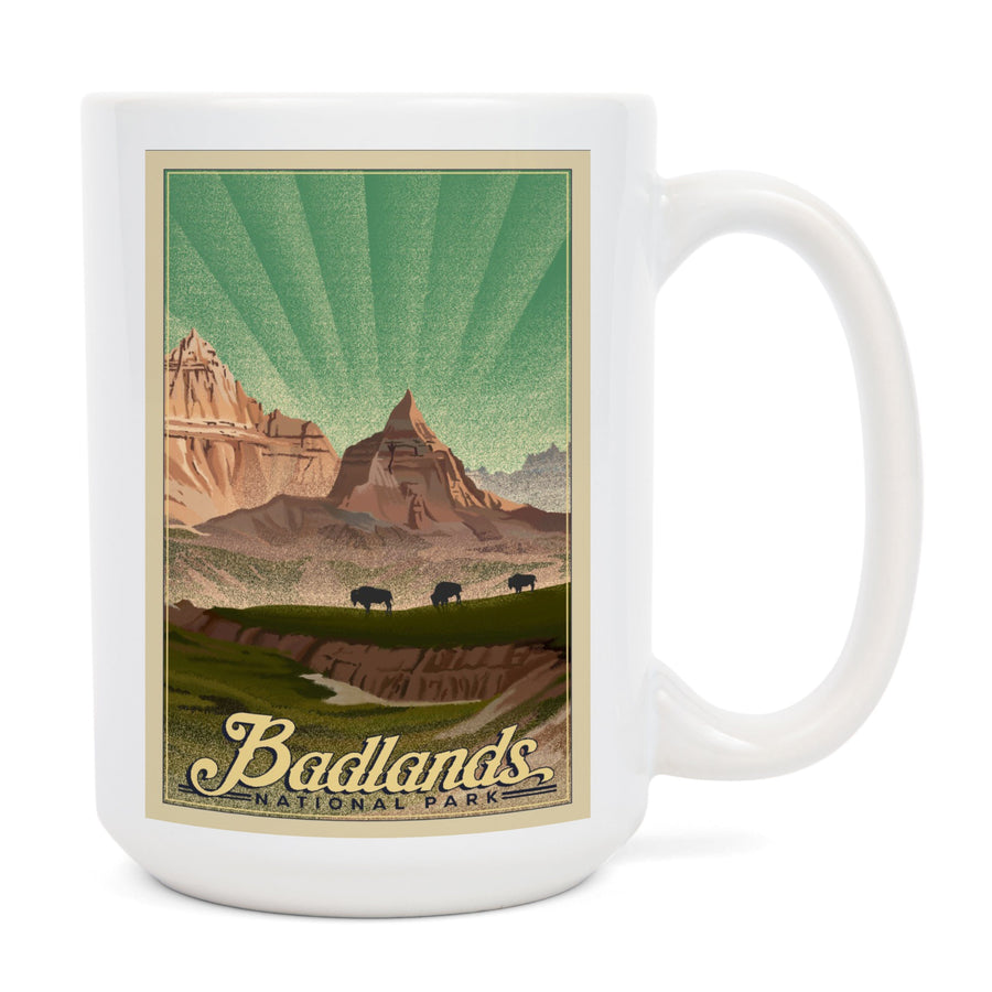Badlands National Park, South Dakota, Bison in the Park, Lithograph National Park Series, Lantern Press Artwork, Ceramic Mug Mugs Lantern Press 